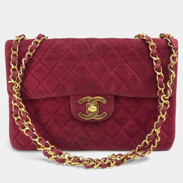 Pre Owned Chanel CC Coco Mark Deca Matelasse Bordeaux Suede 34 Double Chain Shoulder Bag