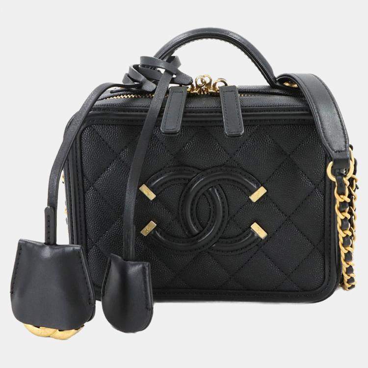 Pre Owned Chanel CC Filigree 2-Way Small Vanity Shoulder Bag In Caviar Leather  Black