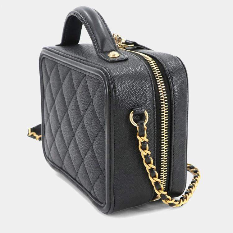 Pre Owned Chanel CC Filigree 2-Way Small Vanity Shoulder Bag In Caviar Leather  Black