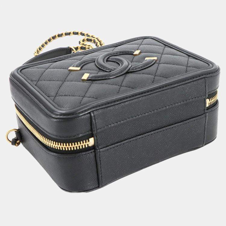 Pre Owned Chanel CC Filigree 2-Way Small Vanity Shoulder Bag In Caviar Leather  Black