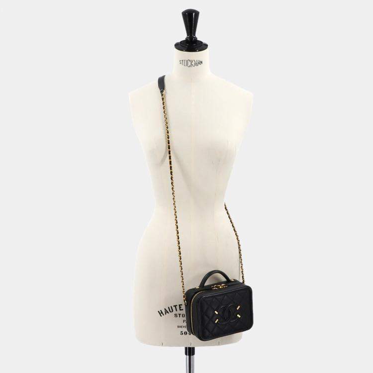 Pre Owned Chanel CC Filigree 2-Way Small Vanity Shoulder Bag In Caviar Leather  Black