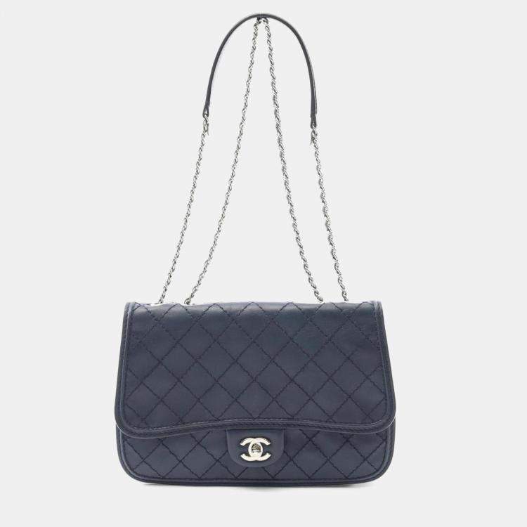 Pre Owned Chanel Wild Stitch Navy Leather Shoulder Bag 