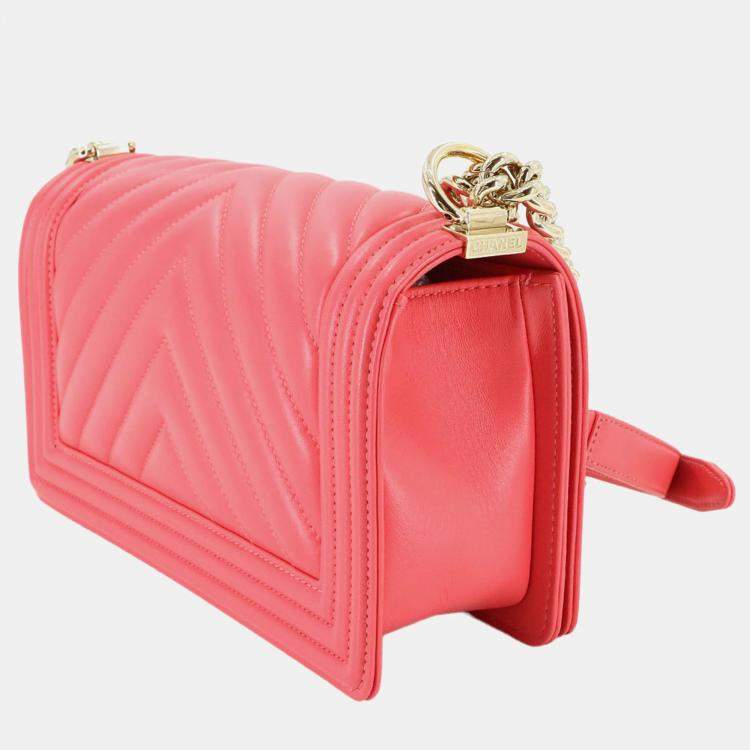 Pre Owned Chanel Boy Chanel Chain Shoulder Bag  Pink Lambskin  Chevron V-Stitch