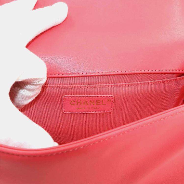 Pre Owned Chanel Boy Chanel Chain Shoulder Bag  Pink Lambskin  Chevron V-Stitch
