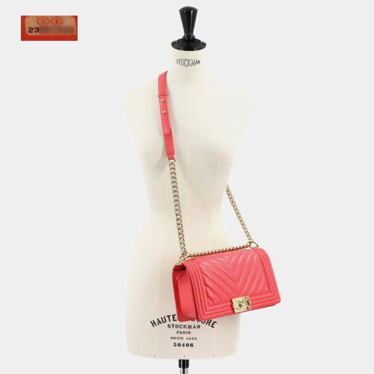 Pre Owned Chanel Boy Chanel Chain Shoulder Bag  Pink Lambskin  Chevron V-Stitch