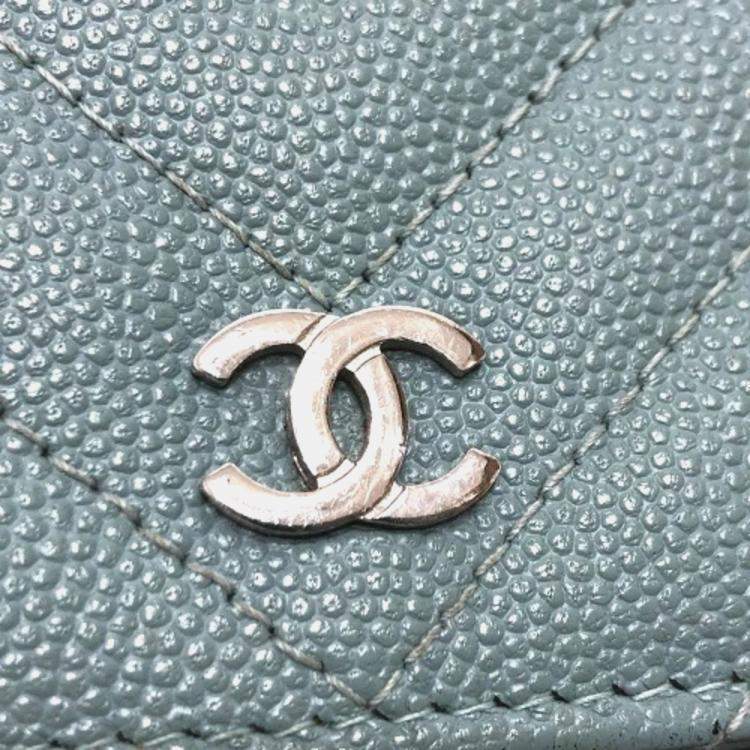Pre Owned Chanel Long Wallet With V-Stitching And Coco Mark  Cc Chain Shoulder Bag  Caviar Leather    Blue