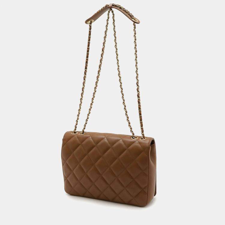 Pre Owned Chanel Matelasse Coco Mark Diamond Stitch Double Chain Shoulder Bag In Brown Leather