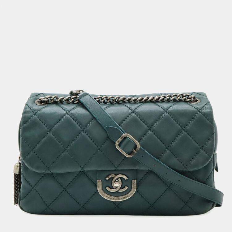 Pre Owned Chanel Wild Stitch Matelasse Coco Mark Chain Shoulder Bag In Deep Green Leather