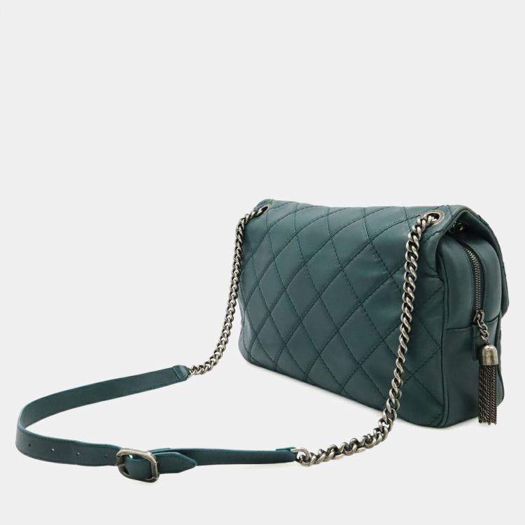 Pre Owned Chanel Wild Stitch Matelasse Coco Mark Chain Shoulder Bag In Deep Green Leather