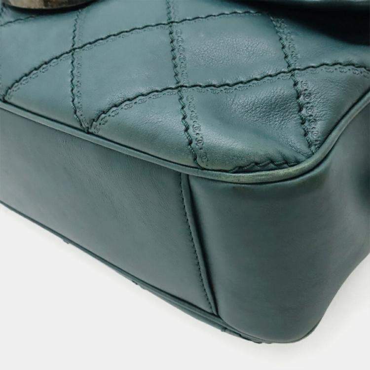Pre Owned Chanel Wild Stitch Matelasse Coco Mark Chain Shoulder Bag In Deep Green Leather