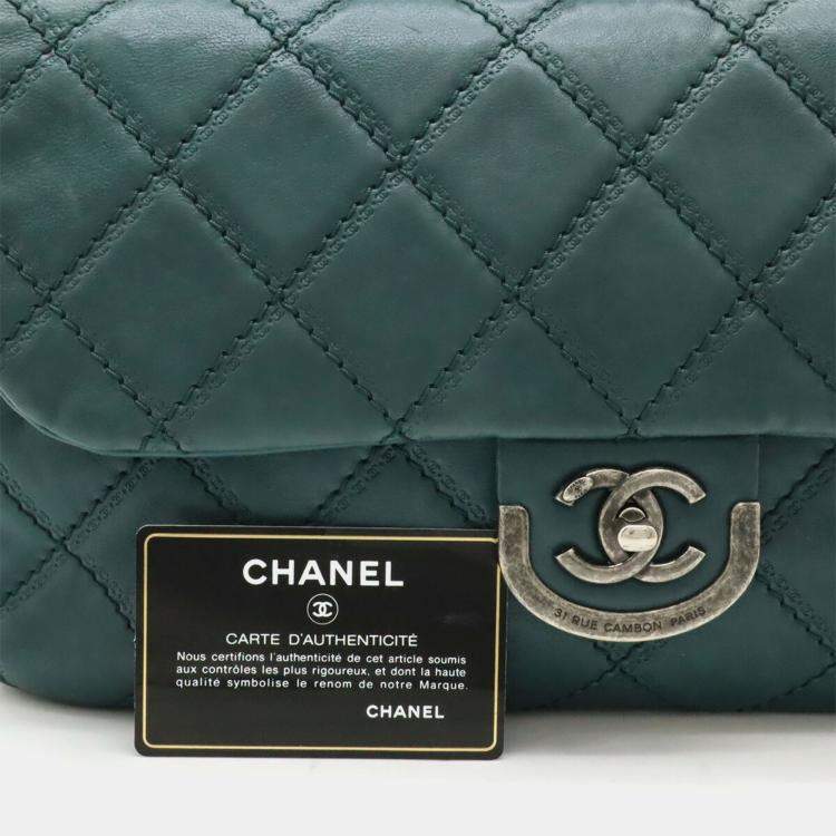 Pre Owned Chanel Wild Stitch Matelasse Coco Mark Chain Shoulder Bag In Deep Green Leather