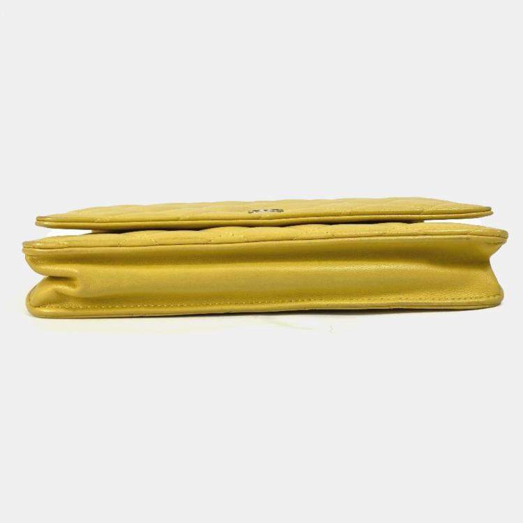 Pre Owned Chanel Cc Coco Mark Matelasse Quilted Chain Wallet/Long Wallet Lambskin  Yellow