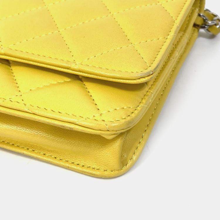 Pre Owned Chanel Cc Coco Mark Matelasse Quilted Chain Wallet/Long Wallet Lambskin  Yellow