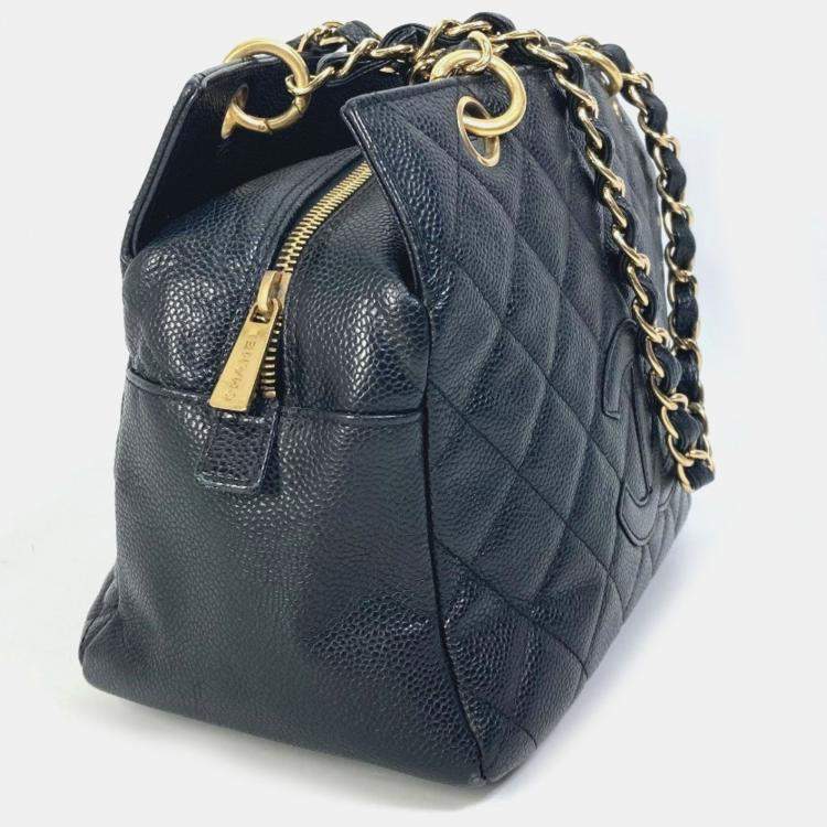 Pre Owned Chanel Cc Coco Mark Matelasse Quilted Double Chain Tote Bag Shoulder Caviar Skin Black