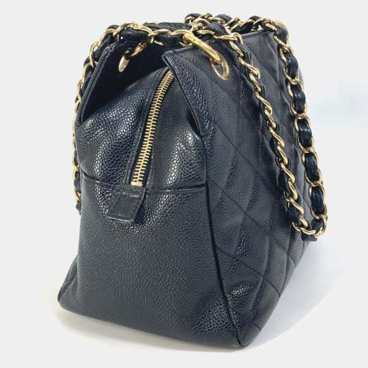 Pre Owned Chanel Cc Coco Mark Matelasse Quilted Double Chain Tote Bag Shoulder Caviar Skin Black