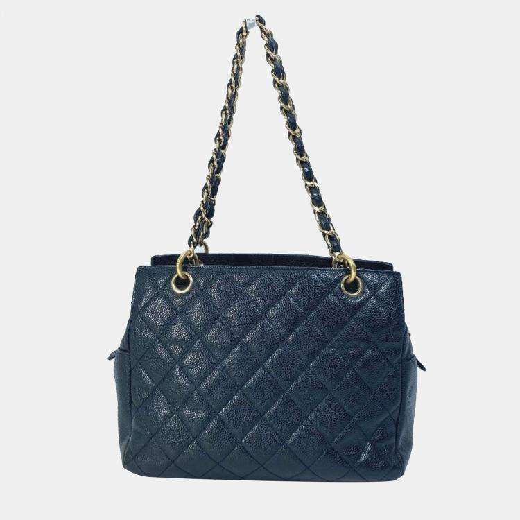 Pre Owned Chanel Cc Coco Mark Matelasse Quilted Double Chain Tote Bag Shoulder Caviar Skin Black