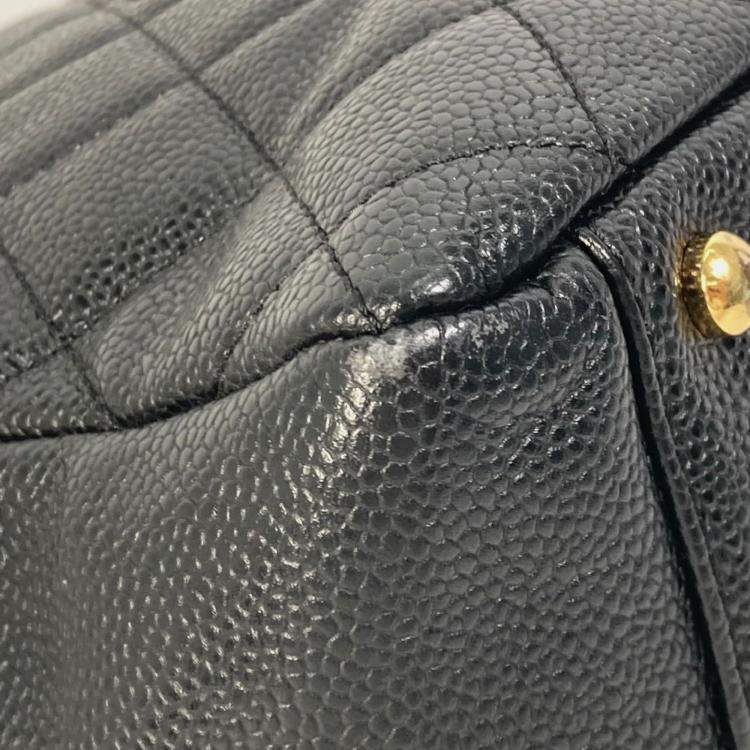 Pre Owned Chanel Cc Coco Mark Matelasse Quilted Double Chain Tote Bag Shoulder Caviar Skin Black