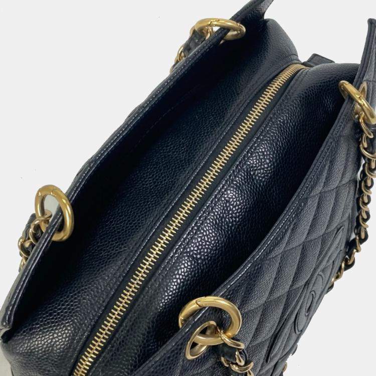 Pre Owned Chanel Cc Coco Mark Matelasse Quilted Double Chain Tote Bag Shoulder Caviar Skin Black