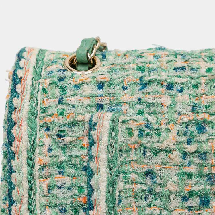 Pre Owned Chanel Green Medium Classic Quilted Tweed Braided Double Flap