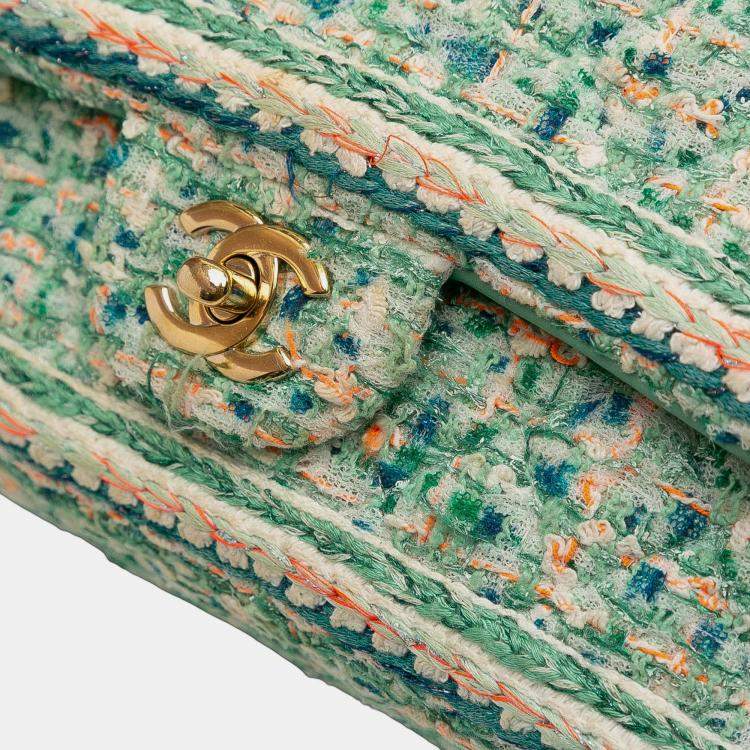 Pre Owned Chanel Green Medium Classic Quilted Tweed Braided Double Flap