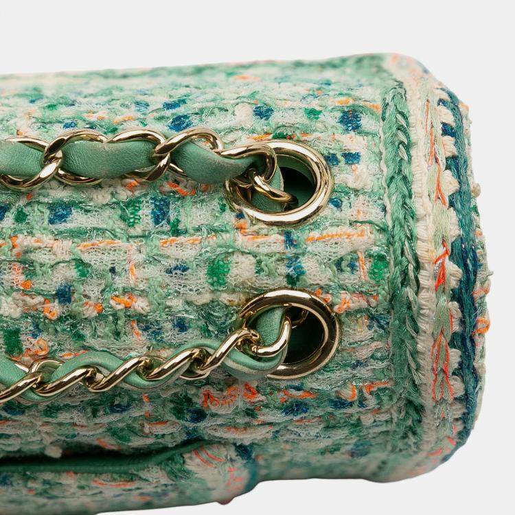 Pre Owned Chanel Green Medium Classic Quilted Tweed Braided Double Flap
