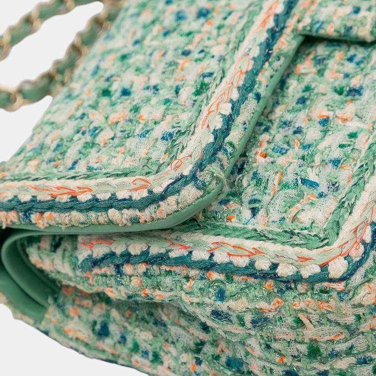 Pre Owned Chanel Green Medium Classic Quilted Tweed Braided Double Flap