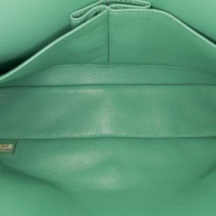 Pre Owned Chanel Green Medium Classic Quilted Tweed Braided Double Flap