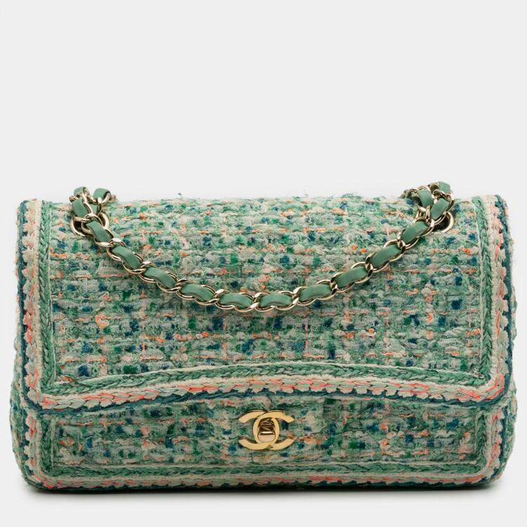 Pre Owned Chanel Green Medium Classic Quilted Tweed Braided Double Flap
