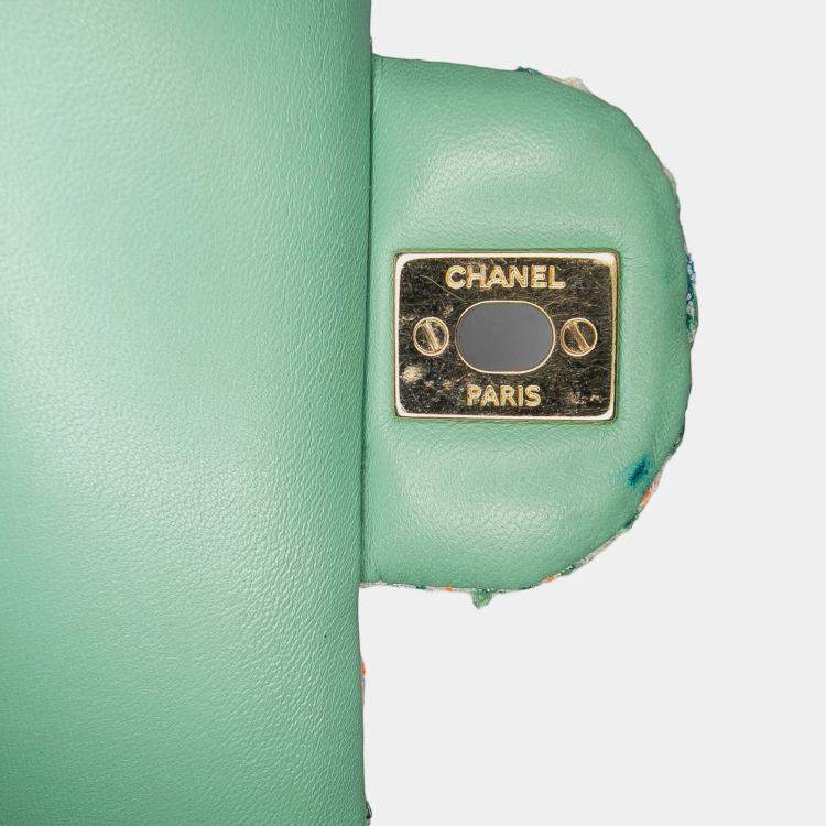 Pre Owned Chanel Green Medium Classic Quilted Tweed Braided Double Flap