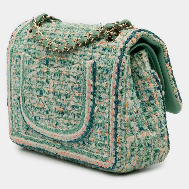 Pre Owned Chanel Green Medium Classic Quilted Tweed Braided Double Flap