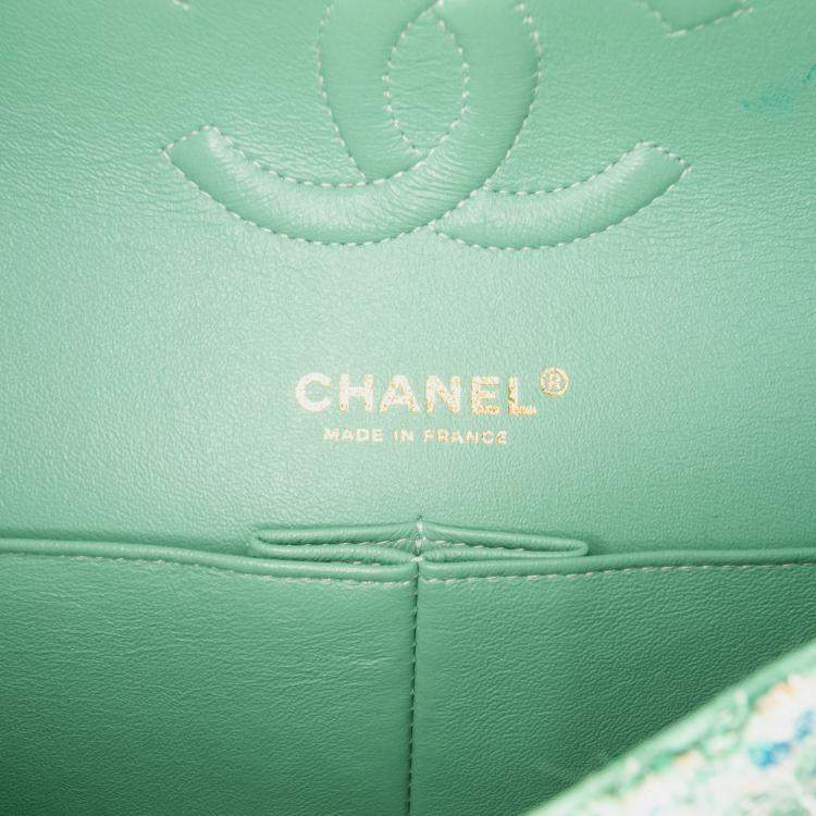 Pre Owned Chanel Green Medium Classic Quilted Tweed Braided Double Flap