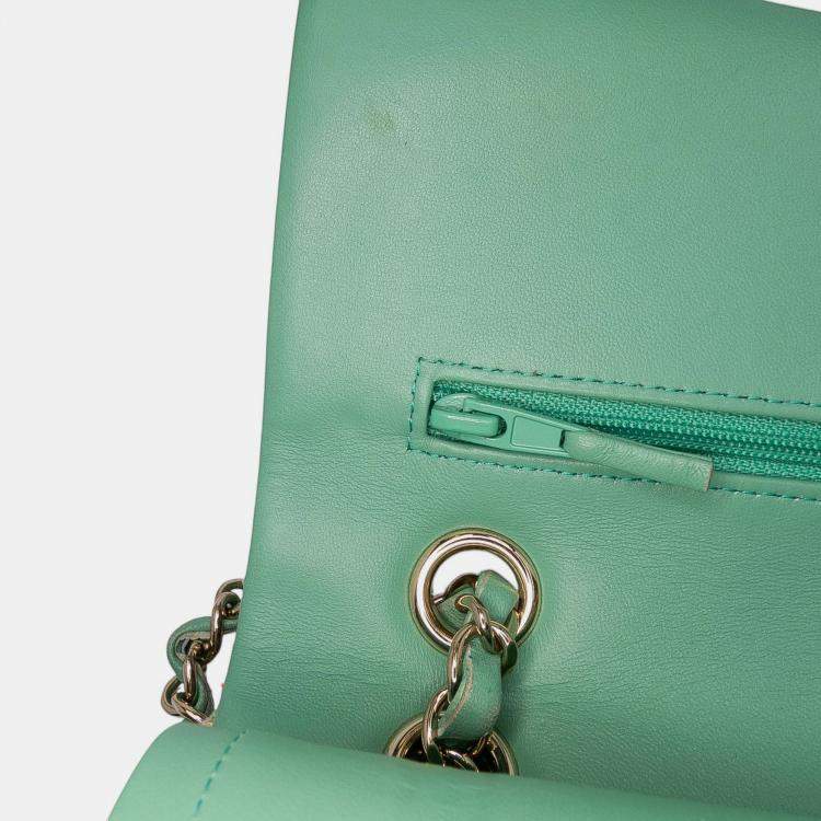Pre Owned Chanel Green Medium Classic Quilted Tweed Braided Double Flap