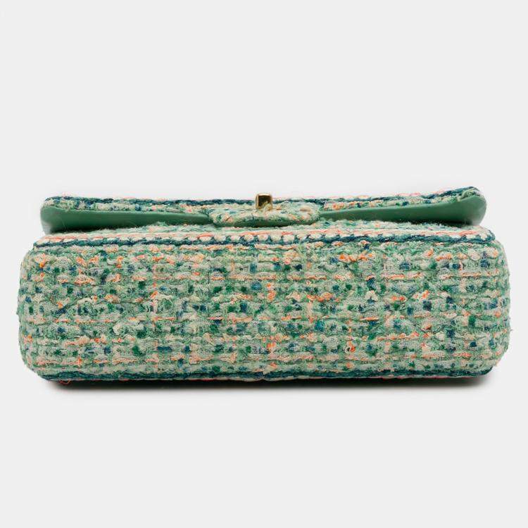 Pre Owned Chanel Green Medium Classic Quilted Tweed Braided Double Flap