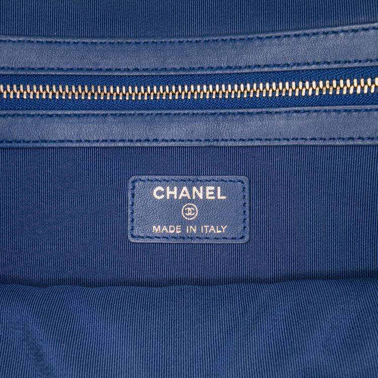 Pre Owned Chanel Blue Large Quilted Lambskin O Case Clutch
