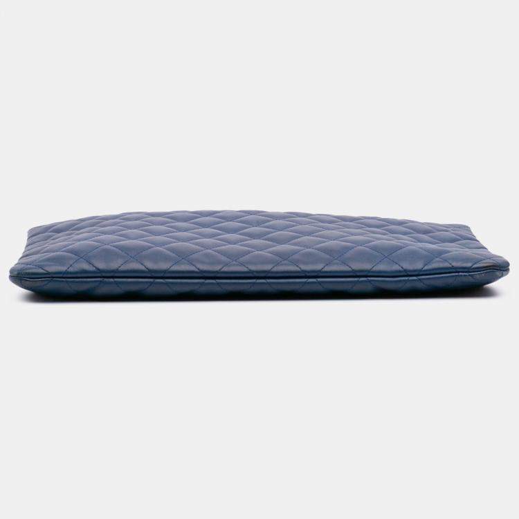 Pre Owned Chanel Blue Large Quilted Lambskin O Case Clutch