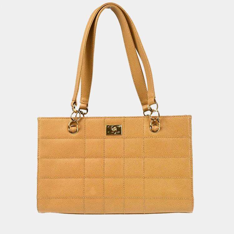Pre Owned Chanel Beige Calfskin Choco Bar Tote Handbag