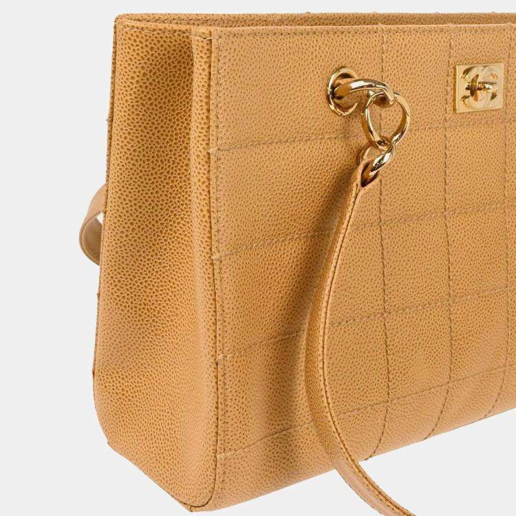 Pre Owned Chanel Beige Calfskin Choco Bar Tote Handbag
