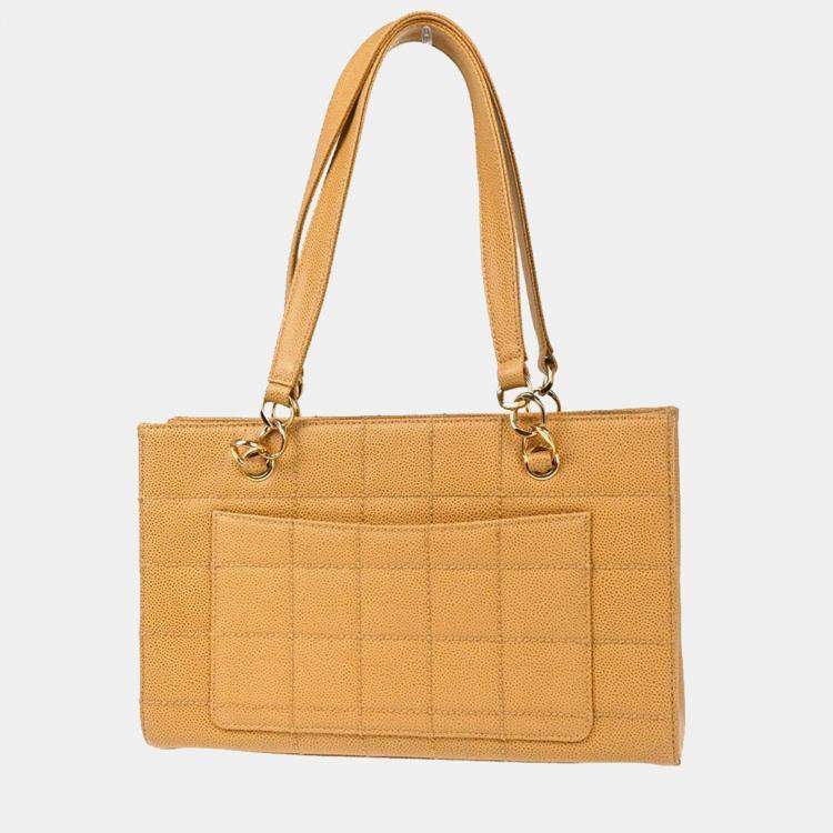 Pre Owned Chanel Beige Calfskin Choco Bar Tote Handbag