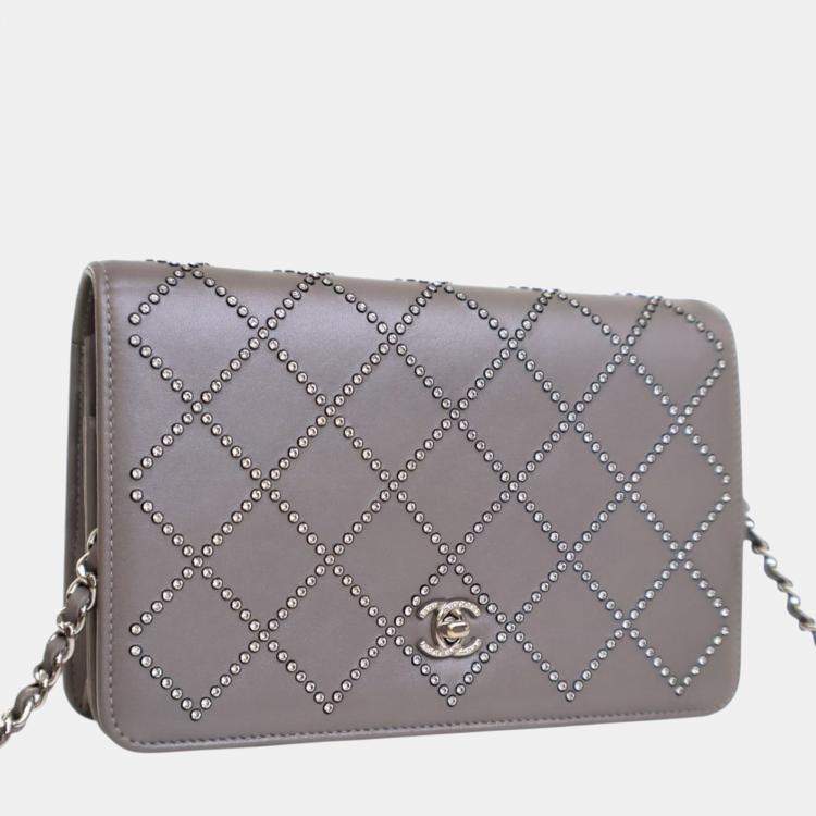 Pre Owned Chanel Grey CC Studded Calfskin Crystal Wallet On Chain