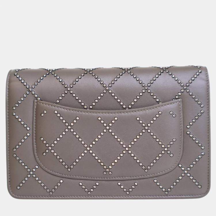 Pre Owned Chanel Grey CC Studded Calfskin Crystal Wallet On Chain