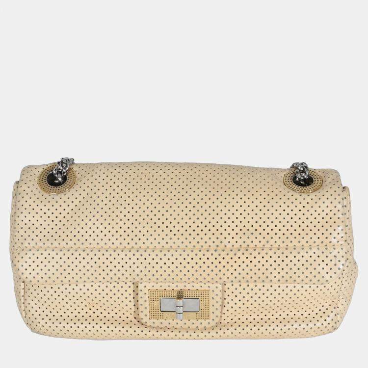 Pre Owned Chanel Beige Perforated  Lambskin Drill Flap Bag