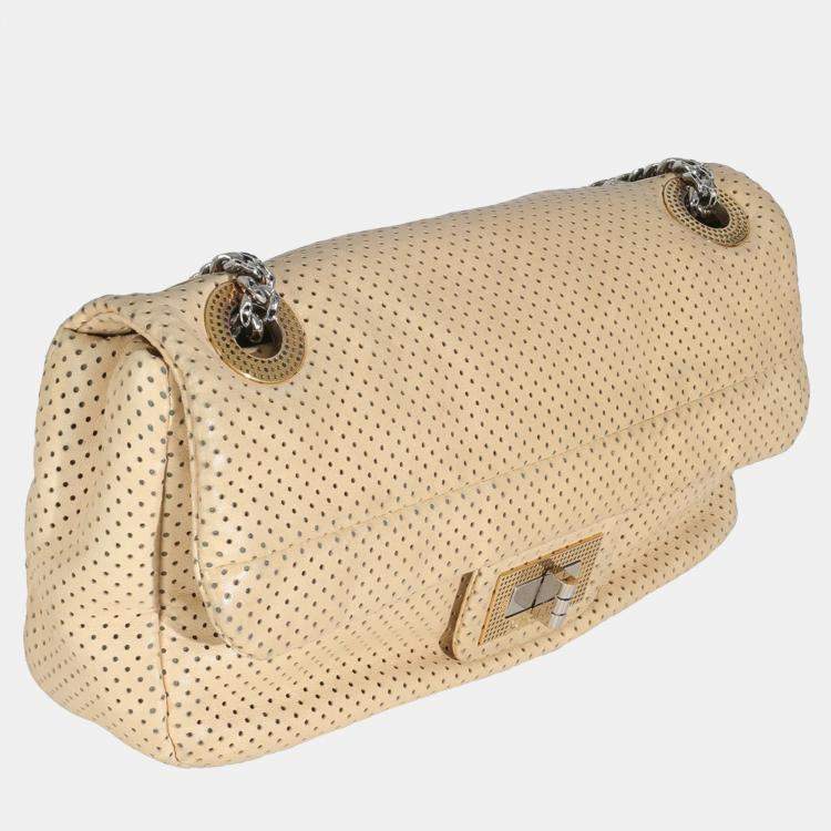 Pre Owned Chanel Beige Perforated  Lambskin Drill Flap Bag