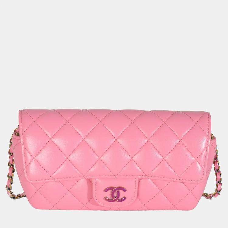 Pre Owned Chanel Pink Quilted Lambskin Sunglasses Case On Chain