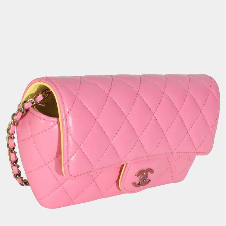 Pre Owned Chanel Pink Quilted Lambskin Sunglasses Case On Chain