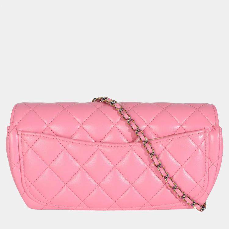 Pre Owned Chanel Pink Quilted Lambskin Sunglasses Case On Chain
