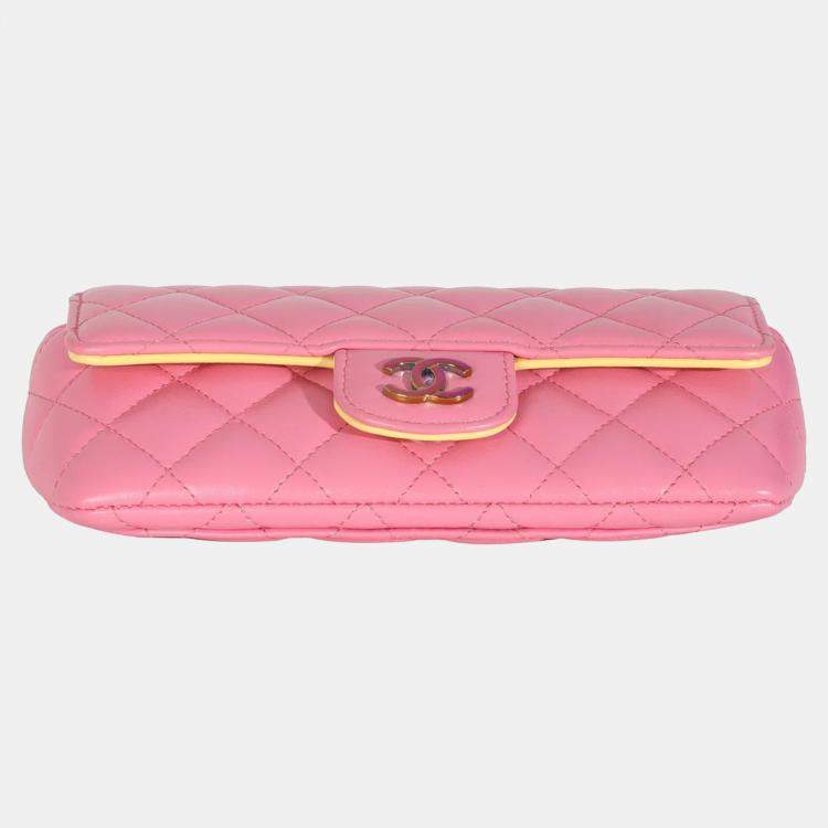 Pre Owned Chanel Pink Quilted Lambskin Sunglasses Case On Chain