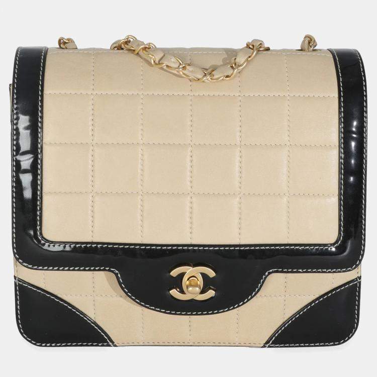 Pre Owned Chanel Vintage Beige Lambskin Black Patent Square Quilt Frame Flap Bag