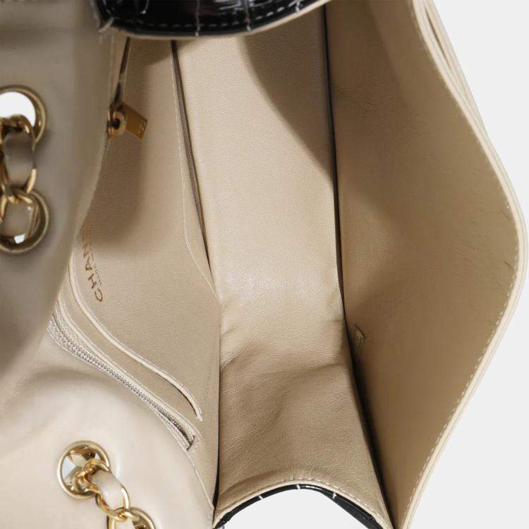 Pre Owned Chanel Vintage Beige Lambskin Black Patent Square Quilt Frame Flap Bag