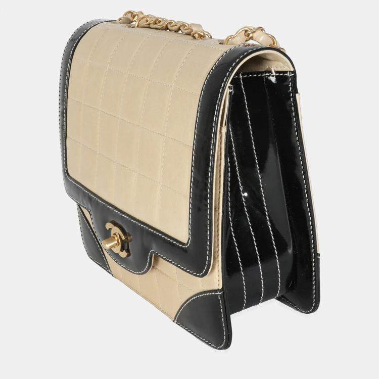 Pre Owned Chanel Vintage Beige Lambskin Black Patent Square Quilt Frame Flap Bag