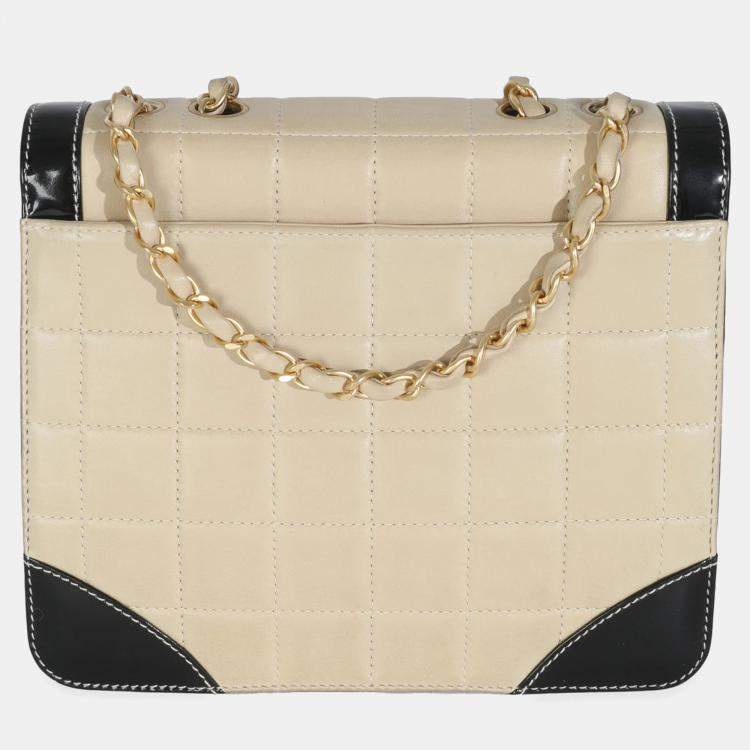 Pre Owned Chanel Vintage Beige Lambskin Black Patent Square Quilt Frame Flap Bag